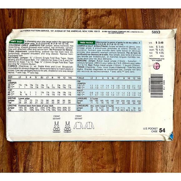 UNCUT Vintage 1990s See & Sew 5893 Sewing Pattern Size 7-14 Jumper & Top - Picture 2 of 2